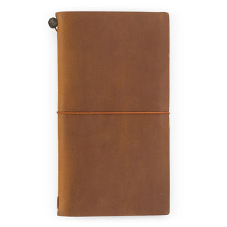 Camel-brown leather notebook cover with wrap strap and metal button closure