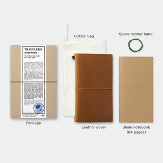 Traveler's notebook kit: camel leather cover, cotton bag, spare rubber band, blank pages