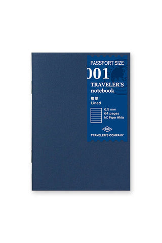 Passport-size lined notebook, dark blue cover with 001 and TRAVELER'S label