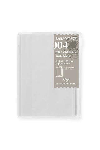 White passport-size zipper case with '004' label, 4 pockets, closed.