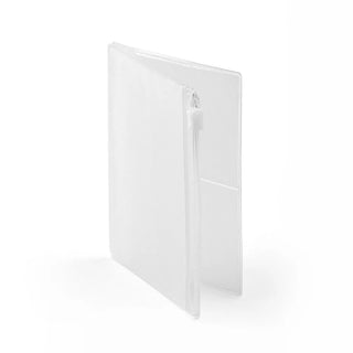 White passport zipper case, side view with zipper opening and clear pocket.