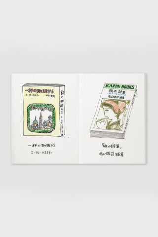 Passport-size sketch notebook opened to two illustrated inner pages
