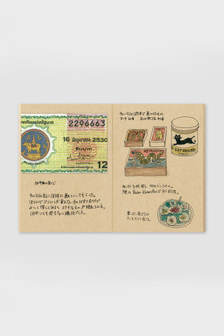 Open kraft paper notebook pages with printed stamps, illustrations, and small captions