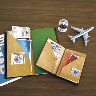 Kraft paper passport folder open with stored documents and cards, brown pocket flaps