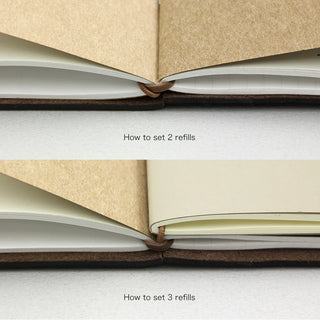 Open passport notebook with brown spine and elastic band, showing refill setup steps