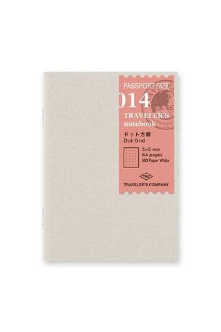 Beige passport-size notebook cover, 014 dot grid, branded label on front