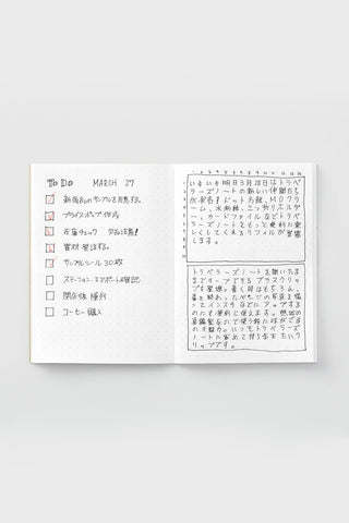 Open passport-size notebook with dotted pages and handwritten notes