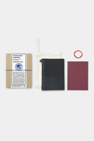 Set view: black passport notebook, burgundy cover, and passport-size insert card