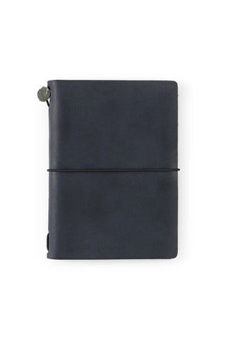 Passport-size leather notebook, dark cover with elastic strap and button loop