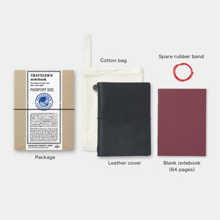 Passport notebook set: leather cover with cotton bag, spare rubber band, 64-page blank notebook