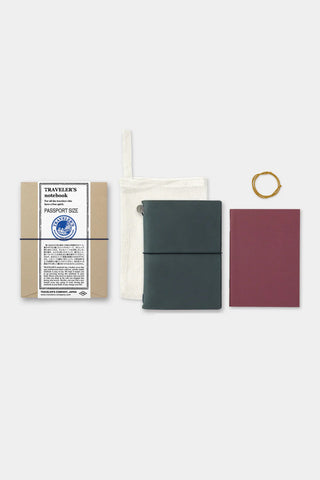 Traveler's notebook passport-size accessories set: cotton bag, blue cover, rubber band, inserts