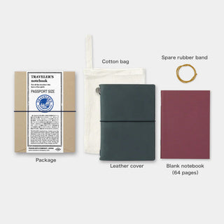 Traveler's notebook passport size set with blue leather cover, cotton bag, rubber band, blank insert