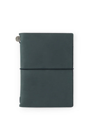 Blue passport-size Traveler's notebook leather cover with strap and metal button closure