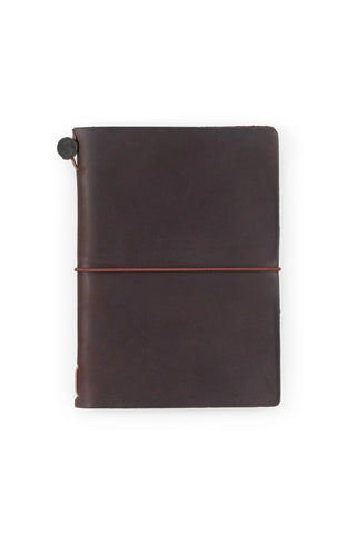 Brown leather passport-size notebook cover with elastic band and snap button