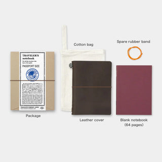 Passport notebook set: leather cover, cotton bag, blank 64-page notebook, spare rubber band