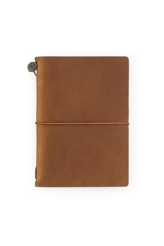 Camel brown passport-size leather notebook with wrapped band and buttoned cord loop