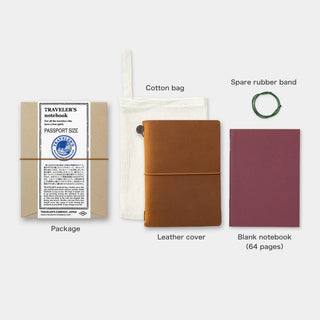 Leather notebook passport kit layout: package insert, cotton bag, spare rubber band, blank notebook
