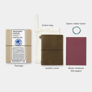 Accessory set: cotton bag, leather cover, blank 64-page notebook, spare rubber band