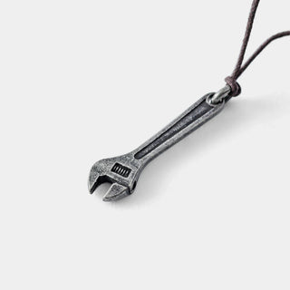 Pewter adjustable wrench charm with cord loop, metal keyring accessory