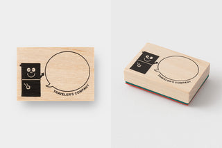 Two kraft paper stamps with circular and character designs, plus small icon stamp