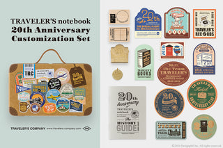 Brown travel organizer pouch with anniversary badges, tickets, and guide card pieces
