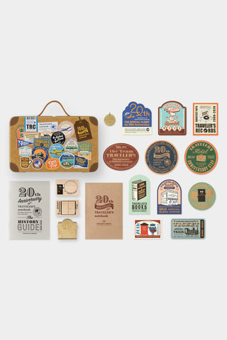 Traveler's notebook 20th anniversary customization set layout with gold tags and cards