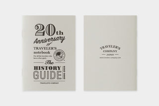White booklet insert with bold “20th Anniversary” and “TRAVELER’S notebook” text