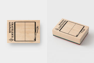 Two kraft paper stamp designs: boarding-book label and open-book icon, with pen graphic