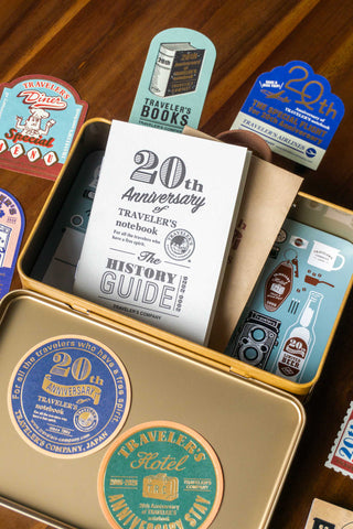 Traveler's notebook 20th anniversary customization set with guide and cards in tin case