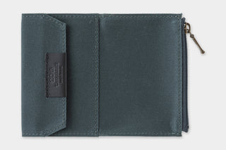 Teal-blue card holder wallet with stitched edges and small inner label