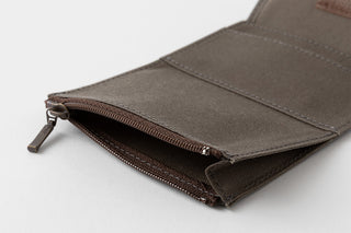Brown card-size notebook opened, showing zipper closure and inner slip compartment