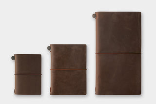 Three brown leather card notebooks with snap strap closures, different sizes.