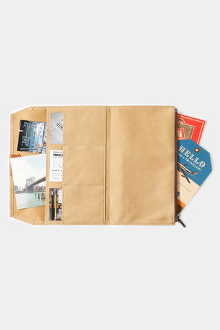 Beige cotton zipper case open with document slots and visible side pocket