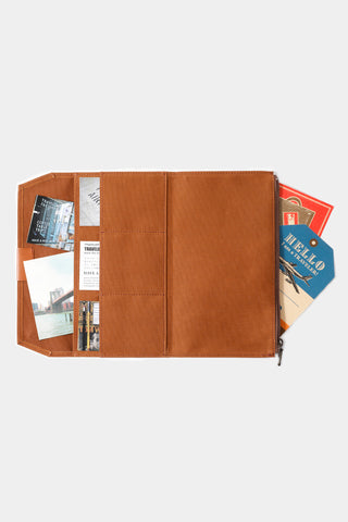 Brown cotton zipper case open, showing inner pockets and card slots