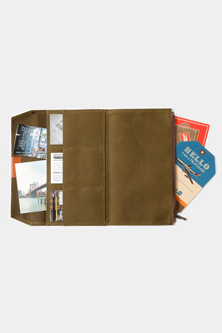 Fold-open olive cotton zipper case with inside pockets and card slot views