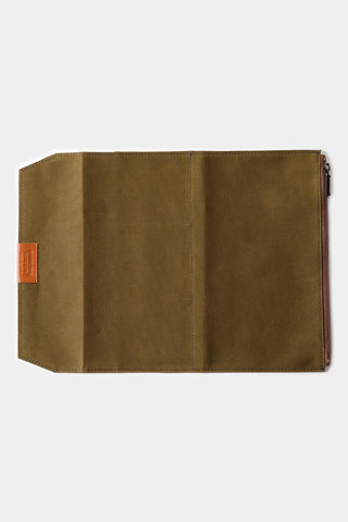 Olive cotton zipper case with stitched panels and metal zipper pull, rectangular shape