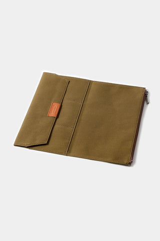 Olive cotton zipper case with folded pocket flap and stitched interior divider