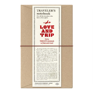 Kraft paper packaging with Traveler's notebook insert labeled LOVE AND TRIP