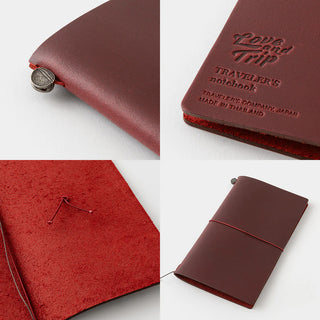 Burgundy leather journal covers with embossed LOVE AND TRIP title and button