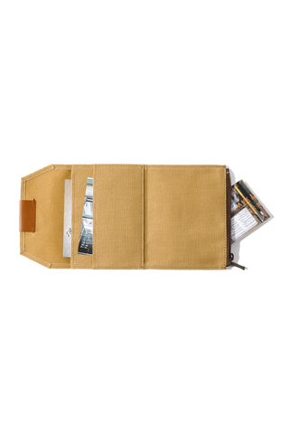 Beige passport-size cotton zipper case open, with inner card slots and zipper closure.