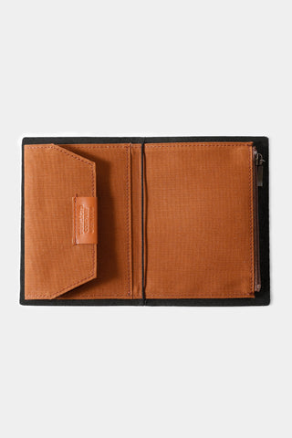 Brown cotton passport-size zipper case opened flat, with card and document compartments