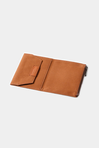 Brown cotton passport-size zipper case with front flap and metal zipper closure
