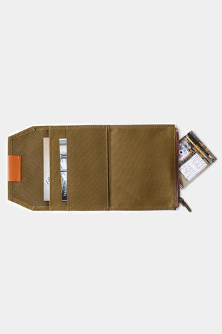Olive passport-size zipper case open, interior sleeves and card slots with zipper closure