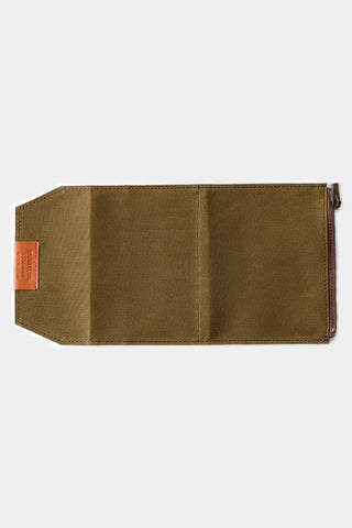 Olive cotton passport-size zipper case, front pocket detail and metal zipper at right edge
