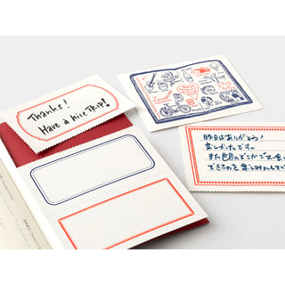 Passport notebook insert cards and labels in red, blue, and white with printed travel designs