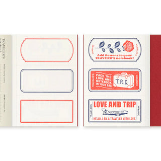 Inside spread with cream pages, red/blue framed sections, and printed “Love and Trip” panel