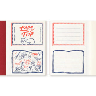 Cream inside pages with “Love and Trip” title, cat graphic, and lined writing sections