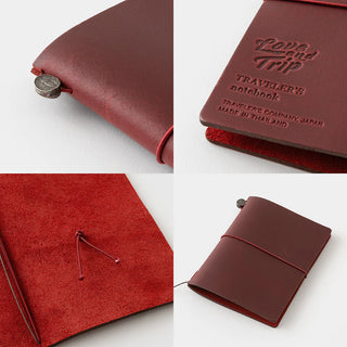 Red passport notebook with metal corner snap, elastic band, and embossed “Love and Trip”