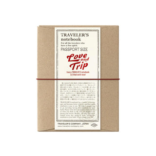 Kraft paper package with label showing Traveler’s notebook passport size and “Love and Trip”