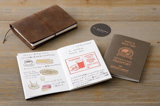 Passport-sized stamp refill set with dark brown inserts and printed pages, open